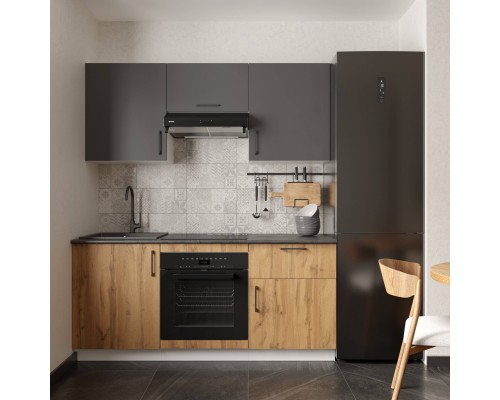 Кухонный гарнитур Domaci Болонья 180 см, фасад дуб вотан, графит, ручка черная, столешница луна KUH-767427