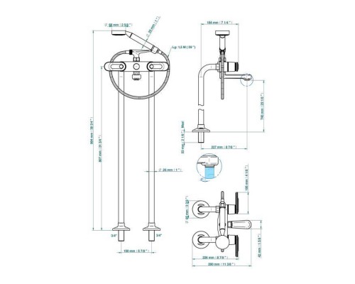 THG CORVAIR A MANETTES FIOR DI BOSCO Смеситель для ванны напольный, с ручным душем и шлангом 1500 мм., цвет: полированное золото. U8L-F01-13CS
