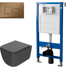 Комплект Унитаз подвесной Point Меркурий PN41831GM серый матовый, безободковый, с микролифтом + Инсталляция PN45122 с контейнером для гигиенических таблеток + Кнопка Афина PN44041BB бронза брашированная