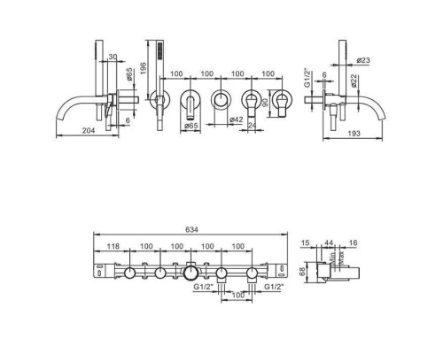 Fantini AL/23 Встроенный смеситель для ванны, излив: 190 мм, цвет: хром. 26 02 B719B