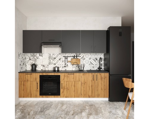 Кухонный гарнитур Domaci Болонья 260 см, фасад дуб вотан, графит, ручка черная, столешница луна KUH-1008830