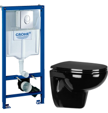 Комплект Унитаз подвесной Wanfald Lauta 47374100005 черный + Инсталляция Grohe Rapid SL 38721001 3 в 1 с кнопкой смыва
