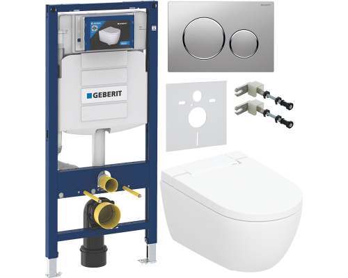 Комплект Умный подвесной Geberit AquaClean Alba безободковый, с биде + Инсталляция Duofix UP 320 111.300.00.5 + Кнопка Sigma 20 115.882.JQ.1 хром матовый, хром глянцевый + Звукоизоляция 156.050.00.1 + Крепления 111.815.00.1 к стене