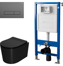 Комплект Унитаз подвесной Point Веста PN41701BM черный матовый, безободковый, с микролифтом + Инсталляция PN45122 с контейнером для гигиенических таблеток + Кнопка Меркурий PN44831GM графит