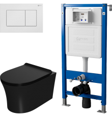 Комплект Унитаз подвесной Point Вега PN41711BM черный матовый, безободковый, с микролифтом + Инсталляция PN45122 с контейнером для гигиенических таблеток + Кнопка Ника PN44081W белая матовая