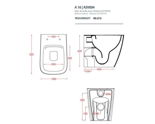 Artceram A16 Унитаз напольный Rimless 36х52 см, цвет: матовый белый. ASV004 05 00
