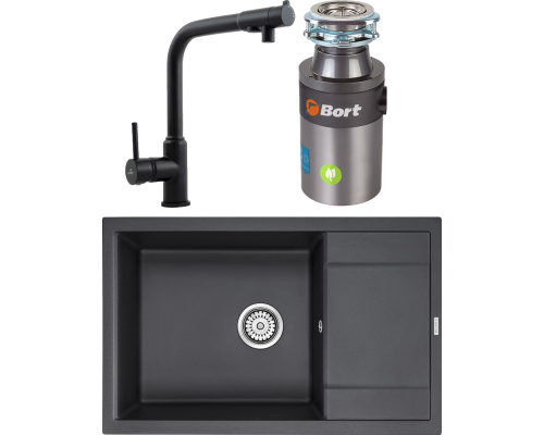 Комплект Мойка кухонная Paulmark Flugen 60 PM317850-BL черная + Смеситель Kaiser Teka 13044-9 черный матовый + Измельчитель Bort Titan 4000 Control