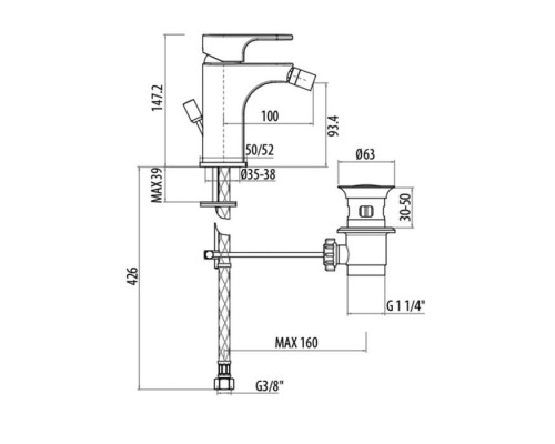 Gattoni H2Omix1000 Смеситель для биде 100мм с донным клапаном, цвет: хром. 1051/10С0