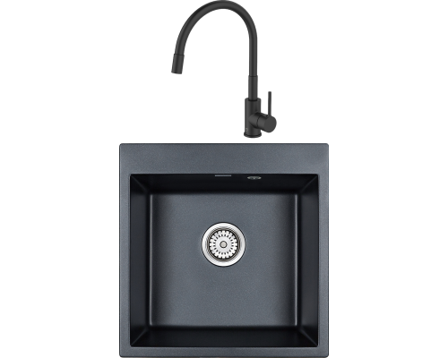 Комплект Мойка кухонная Paulmark Kante 50 PM105152-BLM черный металлик + Смеситель Milardo Meal M01BL0FM05 черный, с гибким изливом