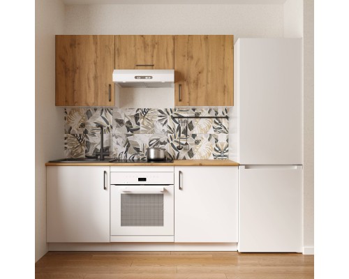 Кухонный гарнитур Domaci Болонья 180 см, фасад белый, дуб вотан, ручка черная, столешница дуб вотан KUH-767412