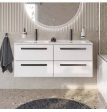 Тумба с раковиной Cezares Eco Cer-N 120, 4 ящика, bianco lucido, раковина Duet 120, двойная, ручки матовые черные