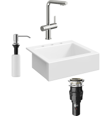 Комплект Мойка кухонная Domaci Сиена 50166-101 с 3 отверстиями, белый глянец + Измельчитель Равенна Vento 375 + Смеситель STWORKI 23020-648/1BG-IG11 + Дозатор 401 сатин