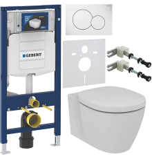 Комплект Унитаз подвесной Ideal Standard Connect AquaBlade E047901 + Крышка + Инсталляция Geberit Duofix UP 320 111.300.00.5 + Кнопка Sigma 01 115.770.11.5 белая + Крепления 111.815.00.1 к стене + Звукоизоляция