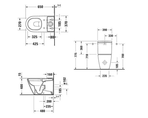 Duravit D-Neo Моноблок 37x65 см, безободковый, слив универсальный, WonderGliss, цвет: белый. 09441000051,  20020900001