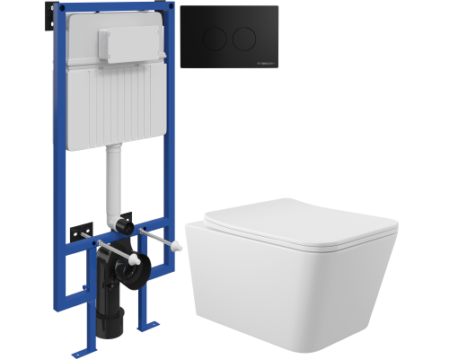 Комплект Унитаз подвесной Aqueduto Macio MAC0110 безободковый, с микролифтом, белый глянцевый + Инсталляция STWORKI + Кнопка Хельсинки 500471 черная матовая
