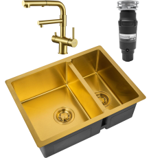 Комплект Мойка кухонная Zorg Light ZL R 580-2-440 BRONZE бронза + Смеситель Sanitary SZR-3216 Bronze бронза + Измельчитель Bone Crusher BC 910-SL-Slim Line