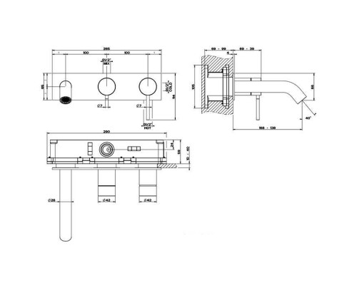 Gessi 316 Встраиваемый смеситель на 2 источника, с изливом 168-138мм и переключателем, внешняя часть, цвет: brushed black metal pvd. 54136#707
