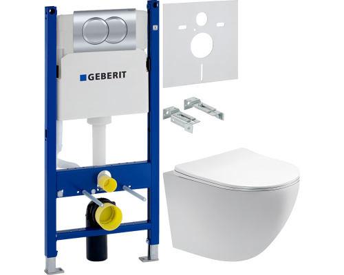 Комплект Унитаз подвесной AQUATEK Европа AQ1900-00 безободковый + Инсталляция Geberit Duofix Delta 458.149.21.1 с кнопкой смыва, хром + Шумоизоляция 156.050.00.1