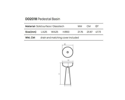 Dea Design Pedestal Basin Раковина 42.5х42.5х85см., напольная, без отв., Solid Surface, цвет: White №18. DD2018 425 18