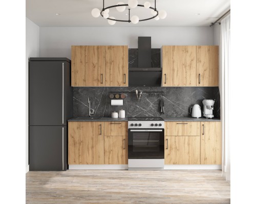 Кухонный гарнитур Domaci Болонья 260 см, фасад дуб вотан, ручка черная, столешница луна KUH-708367