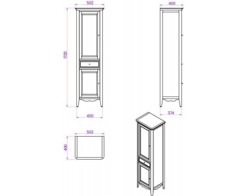 TW Veronica Nuovo Колонна напольная с 2-мя дверцами, 1-м выдвижным ящиком, 3-мя стеклянными полками, доводчиками Blum, ручки бронза, DX - петли справа, Цвет: bianco decape. VER3050D-B