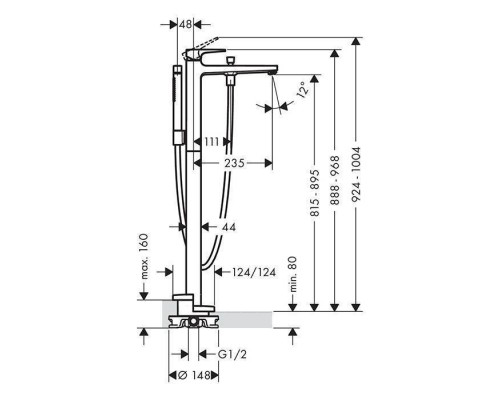 Hansgrohe Metropol Смеситель для ванны, на 1 отв, напольный, с ручным душем, излив 235мм, цвет: черный матовый. 32532670