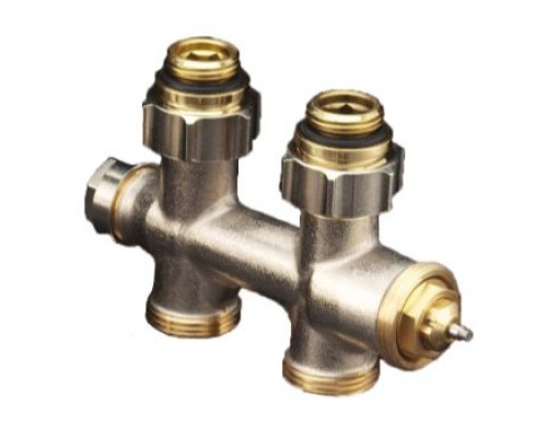 Присоединительная арматура, Oventrop, Multiblock T, на обратную и подающую линию, проходная, 3/4, 1/2, НН, PN, бар-10, T°C -от +2 до +120, латунь, цвет-никелированный, с преднастройкой, с запорной и сливной функцией, для двухтрубных систем