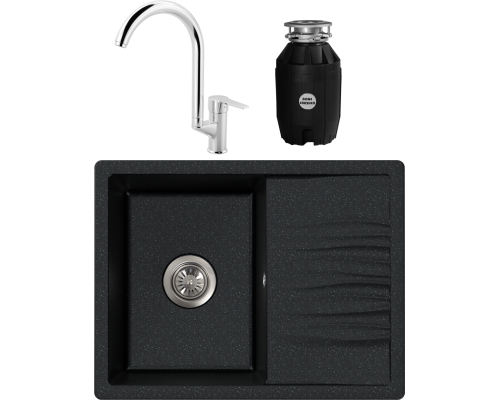 Комплект Мойка кухонная FOSTO КМ Лира обсидиан + Смеситель MEGA Snow MG-SH03 хром + Измельчитель Bone Crusher BC 810-AS