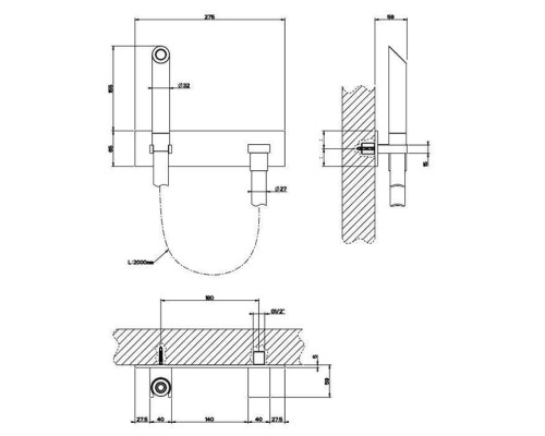 Gessi Душ Water Tube Kneipp с деревянной лейкой, черный. Версия с удаленным управлением, держателем для лейки и выводом воды, цвет: хром. 32961#031