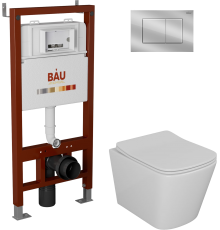 Комплект Унитаз подвесной Bauedge Bau Stil безободковый, с микролифтом + Инсталляция Bau Pro + Кнопка Stil, хром