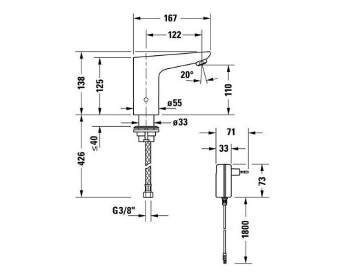 Duravit Sensor1 Электронный смеситель для раковины, на 1 отв., с блоком питания, цвет: хром. SE1090007C10