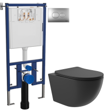 Комплект Унитаз подвесной Aqueduto Ovo OVO0140 безободковый, с микролифтом, черный матовый + Инсталляция DIWO 4501 + Кнопка 7311 хром матовый