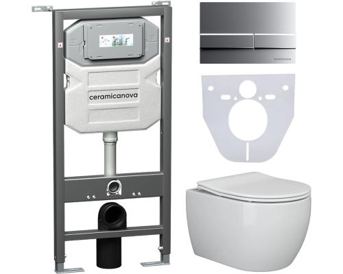 Комплект Унитаз подвесной Ceramicanova Play CN3001 безободковый, с микролифтом + Инсталляция Envision CN1002M + Кнопка Fla, матовый хром