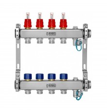Коллекторная группа из нержавеющей стали с расходомерами (Италия) и термостатическими клапанами, воздухоотводчиками и дренажными кранами, подключение 1”, размер отвода 3/4 E, 6 выходов, WF212А