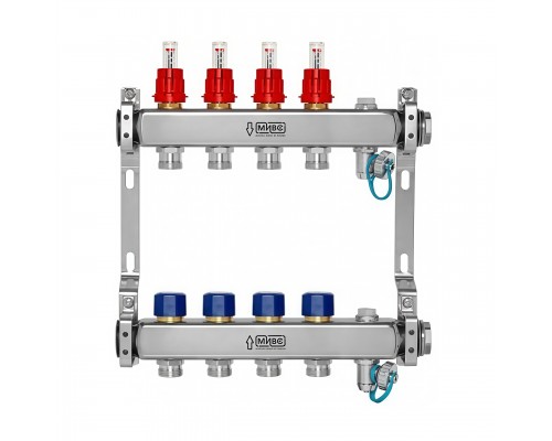 Коллекторная группа из нержавеющей стали с расходомерами (Италия) и термостатическими клапанами, воздухоотводчиками и дренажными кранами, подключение 1”, размер отвода 3/4 E, 6 выходов, WF212А