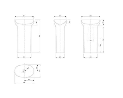 KNIEF Prime Раковина 53х35х90 см, без отв., с выходом в стену, цвет: белый матовый. 0600-012-01WA