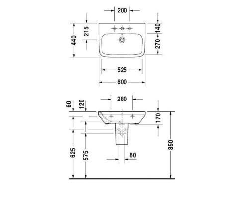Duravit DuraStyle Раковина 60х44см., 1 отв., подвесная, с полупьедесталом, с переливом, цвет: белый. 2319600000,  0858300000