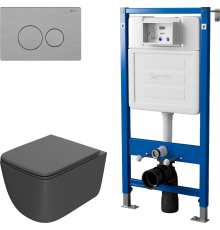 Комплект Унитаз подвесной Point Меркурий PN41831GM серый матовый, безободковый, с микролифтом + Инсталляция PN45122 с контейнером для гигиенических таблеток + Кнопка Виктория PN44061SB нержавеющая сталь, сталь брашированная