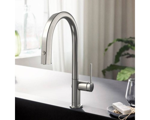 Hansgrohe Aqittura Смеситель для кухни, 1 отв., с вытяжным изливом 1jet и функцией фильтрации, цвет: нержавеющая сталь. 76803800 Hansgrohe Aqittura Смеситель для кухни, 1 отв., с вытяжным изливом 1jet и функцией фильтрации, цвет: нержавеющая сталь. 76803800