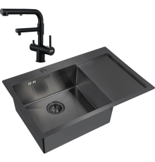 Комплект Мойка кухонная Zorg Inox PVD 7851 L grafit + Смеситель Sanitary SZR-3216 Grafit графит