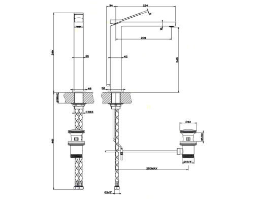 Gessi Rettangolo K Смеситель для раковины на 1 отверстие, с донным клапаном, излив 213мм, цвет: хром. 53003#031