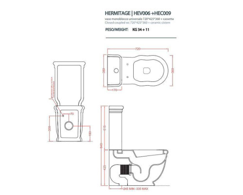 Artceram HERMITAGE унитаз моноблок пристенный  71х36см слив в стену, цвет: белый. ACA006 72,  HEV006 01 00,  HEC009 01 00