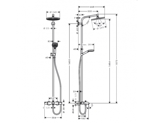 Hansgrohe Crometta Showerpipe S 240 SHP: термостат для ванны + стойка с верхним душем 240мм + ручной душ со шлангом 160мм, цвет: хром. 27320000 Hansgrohe Crometta Showerpipe S 240 SHP: термостат для ванны + стойка с верхним душем 240мм + ручной душ со шлангом 160мм, цвет: хром. 27320000