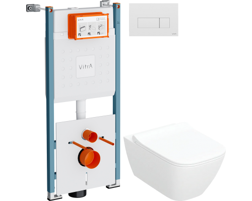 Комплект Унитаз подвесной Geberit Smyle Square 500.685.01.1 + Инсталляция VitrA V-Fix Core 732-5800-01PV + Кнопка Root Square 740-2300 белая глянцевая
