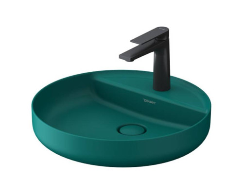 Duravit Vitrium Раковина накладная 46см., с 1 отв., круглая, из DuroCast UltraResist, без перелива, с полкой, цвет: аквамарин матовый. 266246HA
