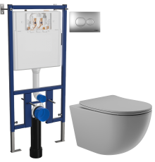 Комплект Унитаз подвесной Aqueduto Ovo OVO0130 безободковый, с микролифтом, серый матовый + Инсталляция DIWO 4501 + Кнопка 7311 хром матовый