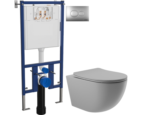 Комплект Унитаз подвесной Aqueduto Ovo OVO0130 безободковый, с микролифтом, серый матовый + Инсталляция DIWO 4501 + Кнопка 7311 хром матовый