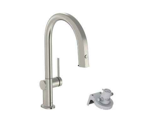 Hansgrohe Aqittura Смеситель для кухни, 1 отв., с вытяжным изливом 1jet и функцией фильтрации, цвет: нержавеющая сталь. 76803800 Hansgrohe Aqittura Смеситель для кухни, 1 отв., с вытяжным изливом 1jet и функцией фильтрации, цвет: нержавеющая сталь. 76803800