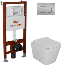 Комплект Унитаз подвесной Bauedge Bau Stil безободковый, с микролифтом + Инсталляция Bau Pro + Кнопка Soul, хром
