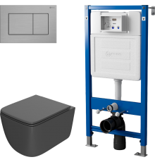 Комплект Унитаз подвесной Point Меркурий PN41831GM серый матовый, безободковый, с микролифтом + Инсталляция PN45122 с контейнером для гигиенических таблеток + Кнопка Ника PN44081SB нержавеющая сталь, сталь брашированная